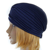 Maxbell Navy Blue Polyester Pleated Turban Head Wrap Headwrap Cap Twist Hat