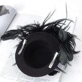 Ladies Mini Top Hat Costume Hair Clip w/ Feather - Black