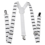Adult Unisex Clip-on Braces Elastic Y-back Suspender w/Black Mustache Beard Patterns White