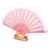 Chinese Foldable Dual Lace Trim Hand Fan Wing Chun Dancing Fan Pink