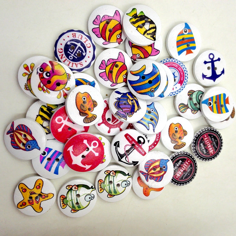 Maxbell Pack of 50 Assorted Ocean Series Pattern Wooden Buttons for Sewing Crafts