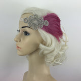 Maxbell Bride1920s Pink Feather Fascinator Crystal Hair Band Headband Headpiece for Women Party