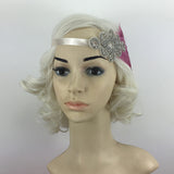 Maxbell Bride1920s Pink Feather Fascinator Crystal Hair Band Headband Headpiece for Women Party