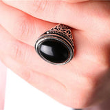 Maxbell Mens Jewelry Vintage Round Ring Black Crystal Flower Carved Mens Ring 20mm