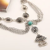 Maxbell Chunky Silver Necklace Women Vintage Coins Tassel Pendant Turquoise Bead