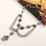 Maxbell Chunky Silver Necklace Women Vintage Coins Tassel Pendant Turquoise Bead