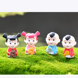 Maxbell Set of 4Pcs Miniature Chinese Doll Resin Micro Landscape Bonsai Dollhouse DIY Craft Decor