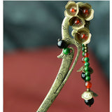 Maxbell Ancient Chinese Beaded Tassel Pendant Hair Stick  Antique Brass Hair Jewelry