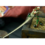 Maxbell Ancient Chinese Beaded Tassel Pendant Hair Stick  Antique Brass Hair Jewelry