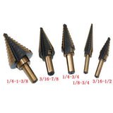 Maxbell 5pcs Titanium HSS Cone Step Drill Bit Set Imperial 1/4" 3/16" 1/2" Hex Shank