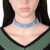 Maxbell 3 Pieces Mixed Designs Pearl Beads Flat Blue Jean Denim Choker Necklace