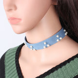 Maxbell 3 Pieces Mixed Designs Pearl Beads Flat Blue Jean Denim Choker Necklace