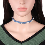 Maxbell 3 Pieces Mixed Designs Pearl Beads Flat Blue Jean Denim Choker Necklace