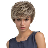 Maxbell Natural Women Girls Full Wigs Short Layered Real Human Hair Curly Wigs Cosplay Wig Beige Brown