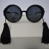 Maxbell Women Round Frame Black Sunglasses Faux Rhinestone Crystal Pearl Detachable Tassels