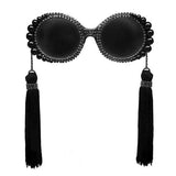 Maxbell Women Round Frame Black Sunglasses Faux Rhinestone Crystal Pearl Detachable Tassels