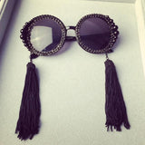 Maxbell Women Round Frame Black Sunglasses Faux Rhinestone Crystal Pearl Detachable Tassels