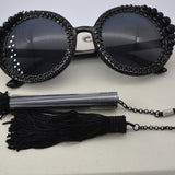 Maxbell Women Round Frame Black Sunglasses Faux Rhinestone Crystal Pearl Detachable Tassels