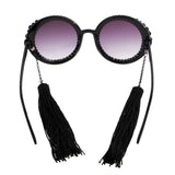 Maxbell Women Round Frame Black Sunglasses Faux Rhinestone Crystal Pearl Detachable Tassels