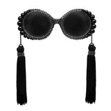 Maxbell Women Round Frame Black Sunglasses Faux Rhinestone Crystal Pearl Detachable Tassels