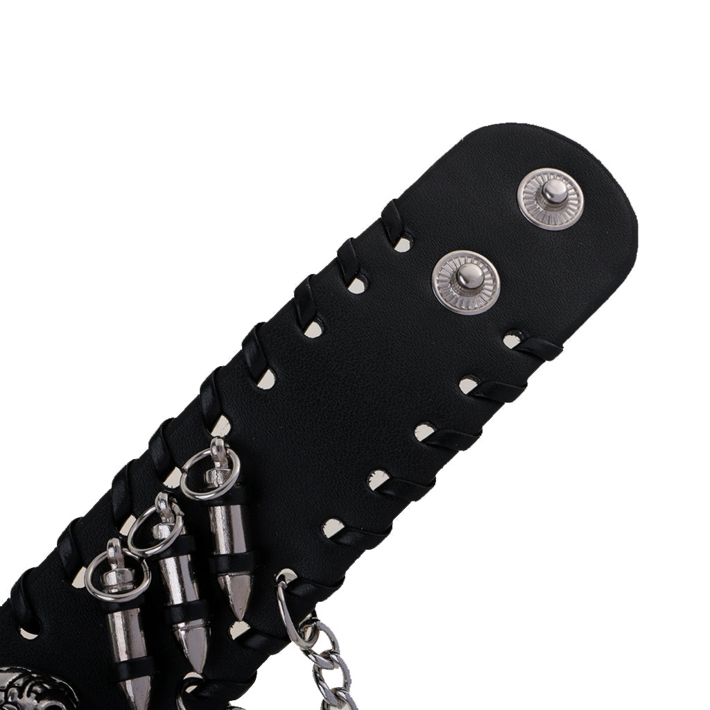 Maxbell Gothic Punk Style Black Leather Cuff Bracelet Wristband with 3D Skull Head and Chain