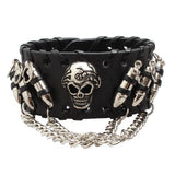 Maxbell Gothic Punk Style Black Leather Cuff Bracelet Wristband with 3D Skull Head and Chain