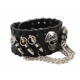 Maxbell Gothic Punk Style Black Leather Cuff Bracelet Wristband with 3D Skull Head and Chain