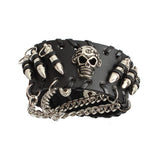 Maxbell Gothic Punk Style Black Leather Cuff Bracelet Wristband with 3D Skull Head and Chain