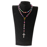 Maxbell Women Hip 8mm Bead Rosary Pray Hand Jesus Cross Pendant Necklace Multi-color