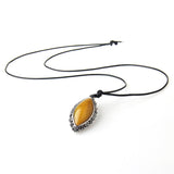 Maxbell Women PU Leather Necklace Agate Gemstone Teardrop Pendant Fashion Retro