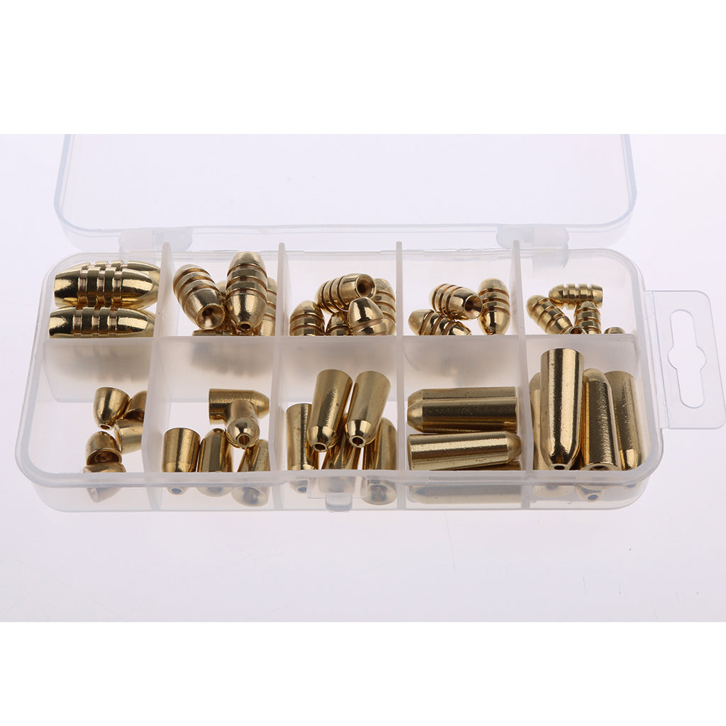 Maxbell 50 Pieces Bullet Shape Brass Fishing Tackle Box Set Fishing Lures Kit Fish Catch Tackle 1.8g 3.5g 5g 7g 10g Fishing Accessories
