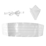 Maxbell 3pcs Men's Satin Bow Tie Cummerbund Hanky Handkerchief White