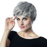 Maxbell 10'' Cool Hairstyling Short Synthetic Wigs Natural Fluffy Layered Cosplay Full Head Wig for Women Gray Black Root