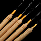 Maxbell 5pcs/set Wooden Handle Micro Ring Beads Feather Hair Extension Plier Hook Pulling Needle Threader Tool Kit