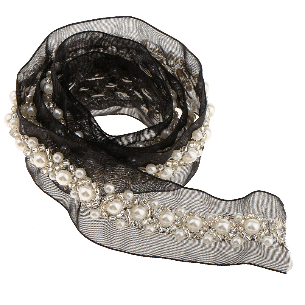 Maxbell 1Yard Pearl Beaded Embroidery Mesh Lace Trim Ribbon For Sewing Wedding Bridal Dress Decoration Black