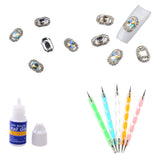 Maxbell 5 Nail Art Dotting Pen +10 Nail Tips Decoration Jewelry Sticker Glitter + Glue Set