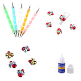 Maxbell 5pcs Dual-head Nail Art Dotting Painting Pen+10pcs Nail Art Decoration Charms Glitter Jewelry +1 Bottle Glue