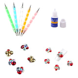 Maxbell 5pcs Dual-head Nail Art Dotting Painting Pen+10pcs Nail Art Decoration Charms Glitter Jewelry +1 Bottle Glue