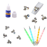 Maxbell 5pcs Dual-head Nail Art Dotting Painting Pen+10pcs Nail Art Decoration Charms Glitter Jewelry +1 Bottle Glue