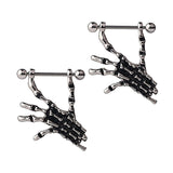 Maxbell 2pcs Punk Skeleton Hand Skull Dangle 18G Nipple Bars Barbells Piercing Rings