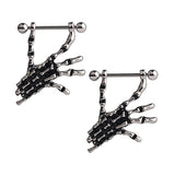 Maxbell 2pcs Punk Skeleton Hand Skull Dangle 18G Nipple Bars Barbells Piercing Rings