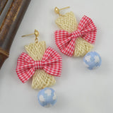 Maxbell Fashion Earrings Large Pink Plaid Fabric Bow Earrings Plush Ball Drop Dangle