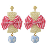 Maxbell Fashion Earrings Large Pink Plaid Fabric Bow Earrings Plush Ball Drop Dangle