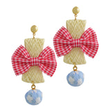 Maxbell Fashion Earrings Large Pink Plaid Fabric Bow Earrings Plush Ball Drop Dangle