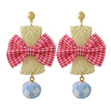 Maxbell Fashion Earrings Large Pink Plaid Fabric Bow Earrings Plush Ball Drop Dangle