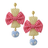 Maxbell Fashion Earrings Large Pink Plaid Fabric Bow Earrings Plush Ball Drop Dangle