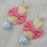 Maxbell Fashion Earrings Large Pink Plaid Fabric Bow Earrings Plush Ball Drop Dangle