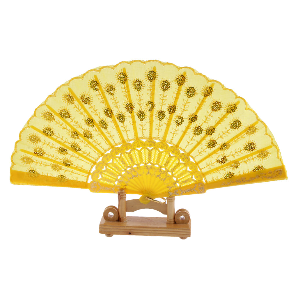 Maxbell Yellow Fabric Hand Fan Bronzing Sequin Plastic Folding Purse Girl Party Gift
