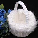 Maxbell Soft Feather Rose Flower White Satin Silk Bridal Basket Wedding Flower Girl Basket Party Home Decoration