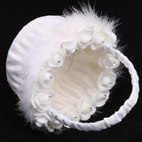 Maxbell Soft Feather Rose Flower White Satin Silk Bridal Basket Wedding Flower Girl Basket Party Home Decoration
